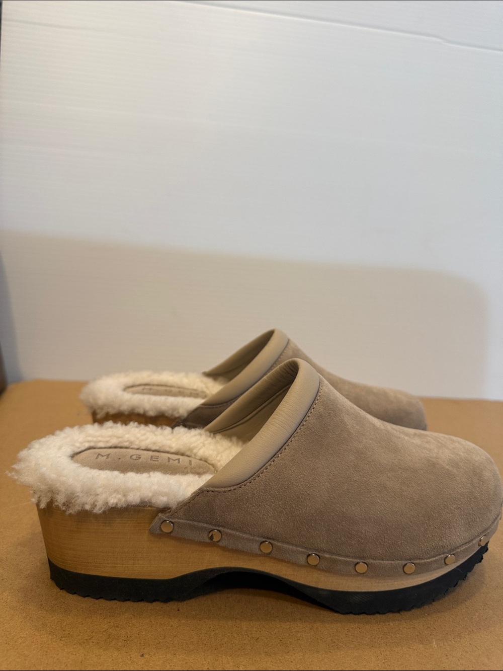 M. Gemi Taupe Suede Shearling Clog Mules